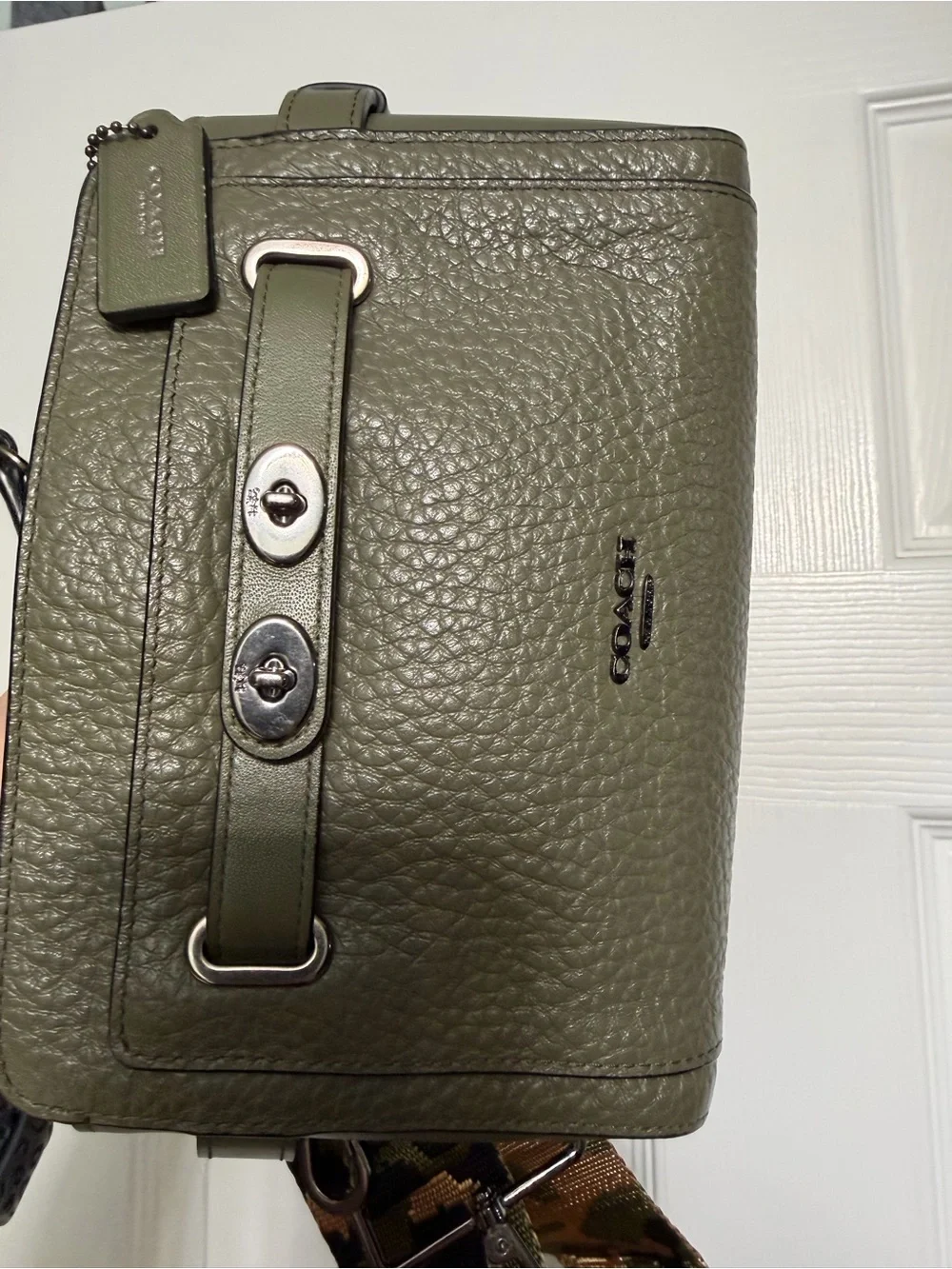 Coach Olive Green Pebbled Leather Crossbody with Leopard Print Strap
